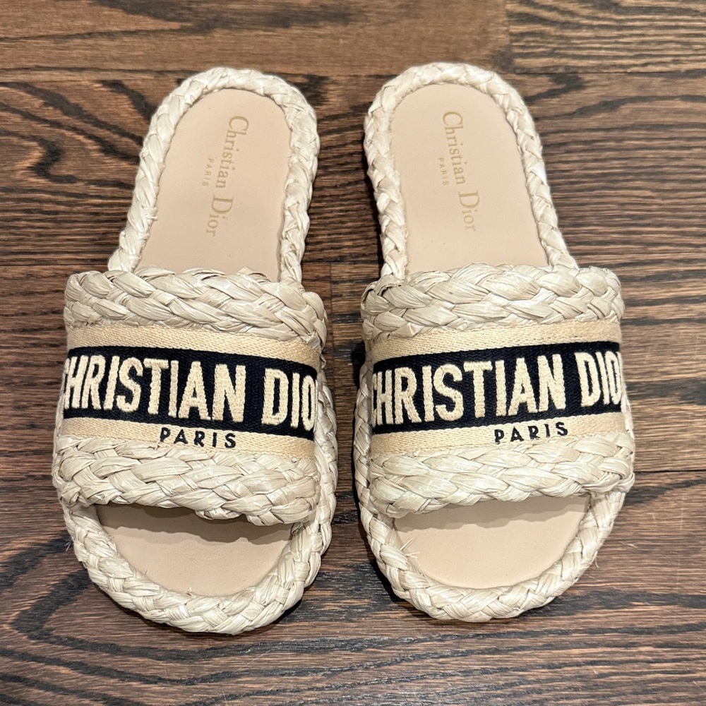 Authentic Christian Dior Raffia Cream and Black Braided Dway Mules Sandals